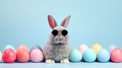 Fototapeta na wymiar Easter Bunny with Easter eggs on isolated background with copy text space - ai generative