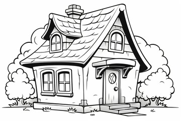Black and white outline of a house or hut for coloring book