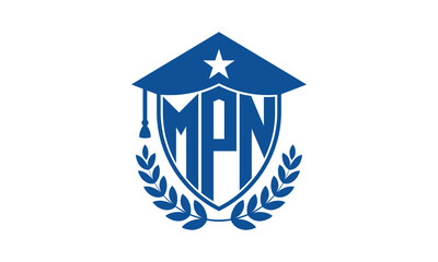 MPN three letter iconic academic logo design vector template. monogram, abstract, school, college, university, graduation cap symbol logo, shield, model, institute, educational, coaching canter, tech