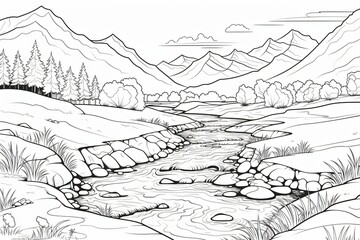 Black and white outline of a landscape for coloring book