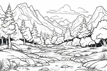 Black and white outline of a landscape for coloring book