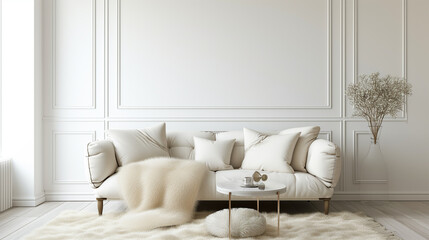 Fur rug near ivory sofa with furry fluffy pillows against white wall with copy space. Scandinavian, hygge home interior design of modern living room