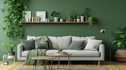 Grey sofa against green wall with floating shelf. Scandinavian home interior design of modern living room