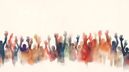 Group of multicultural people with arms and hands raised towards the sky. Charity donation, volunteer work, support and assistance, multiethnic community. Peace on earth. - obrazy, fototapety, plakaty