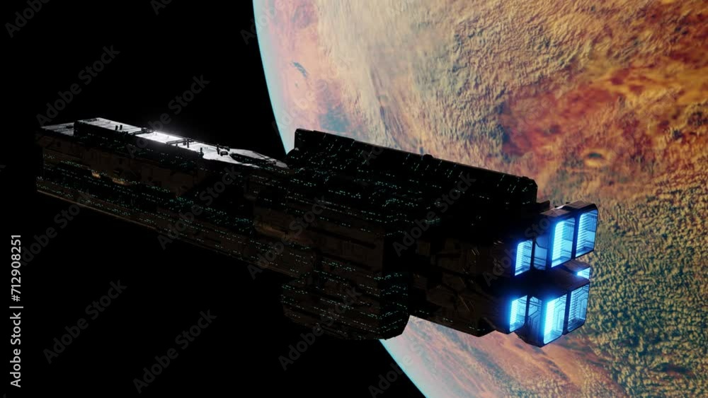Wall mural big spacecraft orbiting above planet