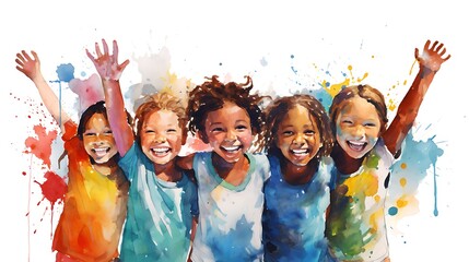 Happy multicultural children raise their hands up. Banner for advertising, marketing. Watercolor illustration - obrazy, fototapety, plakaty
