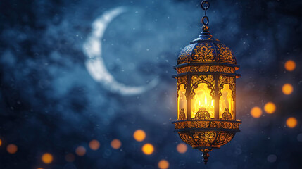 Fototapeta na wymiar Hanging Golden Lantern from an Ornate Crescent Moon Background