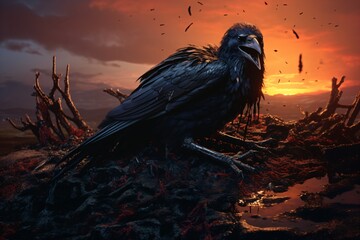 A dark and scary image of a crow or raven in an open field