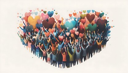 Group of diverse people with arms and hands raised towards hand painted hearts. Charity donation, volunteer work, support, assistance. Multicultural community. People diversity. - obrazy, fototapety, plakaty