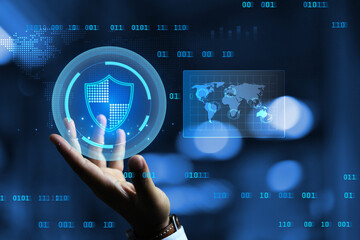 Cyber security concept with hand raise shield up represent to encourage encryption access and protect data information technology from cyber crime and data breach