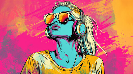  Pop art retro style pretty blonde young woman wearing headphones and sunglasses on vibrant...