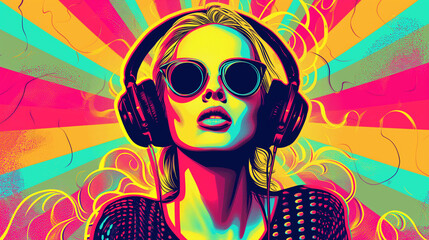 Pop art retro style pretty blonde young woman wearing headphones and sunglasses on vibrant colorful...