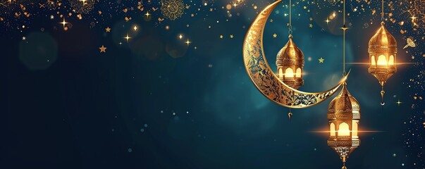 Ramadan Kareem background with crescent moon and golden bokeh - obrazy, fototapety, plakaty