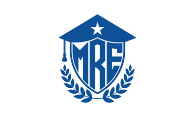 MRE three letter iconic academic logo design vector template. monogram, abstract, school, college, university, graduation cap symbol logo, shield, model, institute, educational, coaching canter, tech