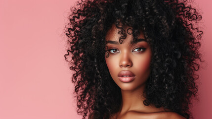 Enigmatic Beauty with Lush Curls, Deep Gaze, Pastel Pink Backdrop, Exquisite Black Woman, Rich Hair Texture, Serene Expression, Natural Makeup Elegance, Soft Lighting, Fashion Portrait, Afro-Textured 