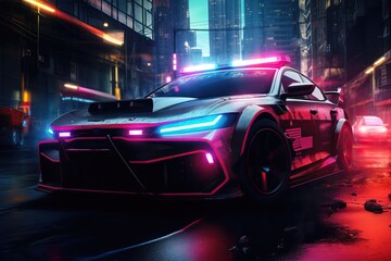 Cool cyberpunk police car in the city of the future