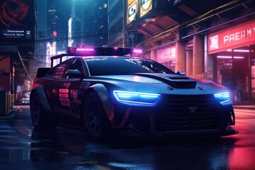 Fototapeta na wymiar Cool cyberpunk police car in the city of the future