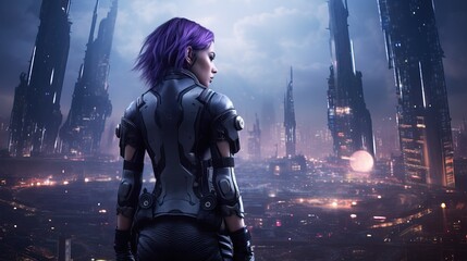 Beautiful cyberpunk girl against the backdrop of the city of the future - obrazy, fototapety, plakaty