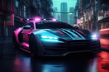 Fototapeta na wymiar Cool cyberpunk police car in the city of the future