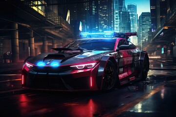 Cool cyberpunk police car in the city of the future