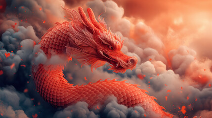 Red dragon intertwined with blooming red flowers against a dramatic, dark textured backdrop. Background image for Chinese New Year celebrations Concept.