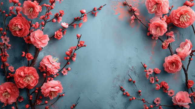 A lush frame of red blossoms and berries creating a vibrant border on a textured red background, perfect for Chinese New Year celebrations