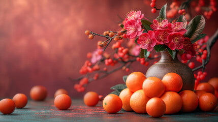 Artfully arranged oranges with intricate patterns, accompanied by vibrant plum blossoms on a textured red background. Image for Chinese New Year celebrations Concept.