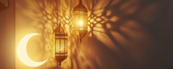 Fototapeta na wymiar Ramadan Kareem greeting card with golden lantern and crescent moon, 3D rendering