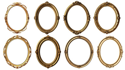 set of Golden and wooden frames on transparent background. circle frame - obrazy, fototapety, plakaty