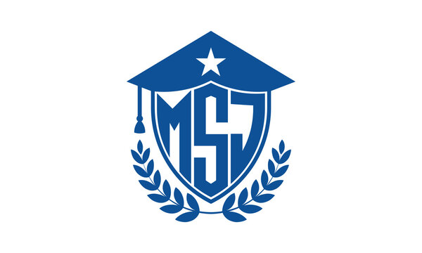 MSJ three letter iconic academic logo design vector template. monogram, abstract, school, college, university, graduation cap symbol logo, shield, model, institute, educational, coaching canter, tech