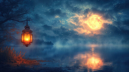 Mystical Moonlit Night with a Radiant Golden Lantern Background Background