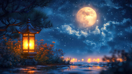 Fototapeta na wymiar Mystical Moonlit Night with a Radiant Golden Lantern Background Background