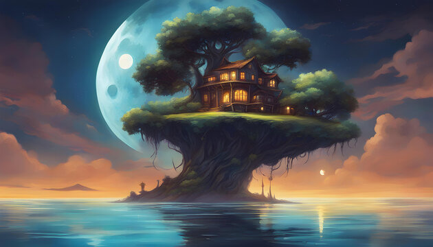house and tree on a flying island in night sea on big moon background painting fantasy background