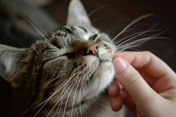 Hand scratching cat's chin