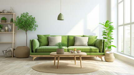 Wooden coffee table near light green sofa. Farmhouse style home interior design of modern living room