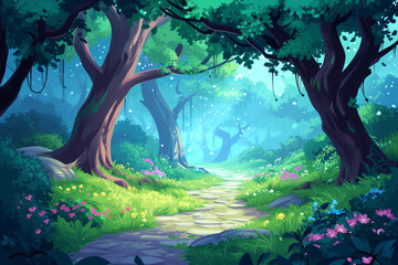 Game asset, illustration of a trail cutting through a floral magical forest