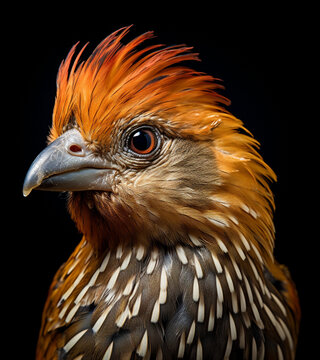 Fotografía retrato de águila con plumas naranjas en primer plano y fondo negro. Fauna salvaje. Sin gente.