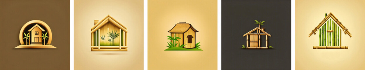 Set of five bamboo house logos. - obrazy, fototapety, plakaty