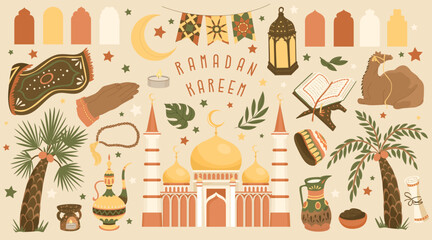 Set of symbols for celebrating the Islamic holiday Ramadan Kareem. Muslim culture. Vector illustration isolated.