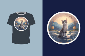 splash cat illustration with sunset in a waterfall for t-shirt design, animal art, print ready vector file