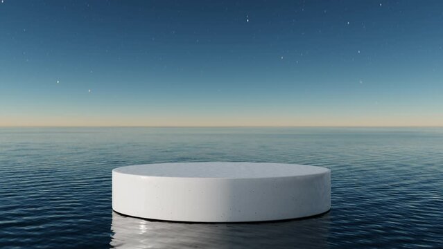 White podium on wave beach and sunset sky abstract background. Copy space for product presentation. 3d render.	