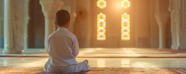 Young Muslim Man Making Traditional Prayer to God Allah in the Mosque - Ramadan Kareem