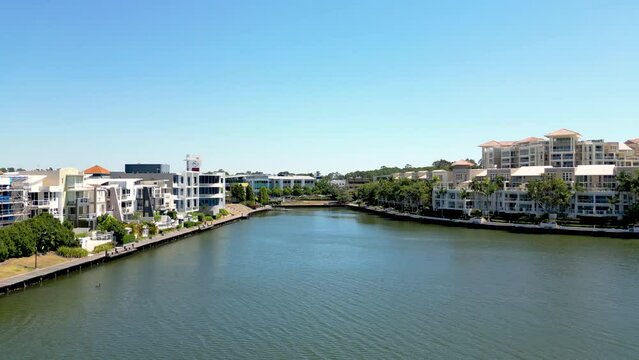 Flying west across Lake Orr next to Varsity Lakes on the Gold Coast in Queensland Australia.