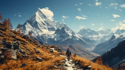 Foto op Plexiglas Group of hikers walking in the mountains. Panoramic view © Aliaksandra