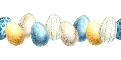 Watercolor seamless Easter line (frame) of colorful eggs. Hand drawn illustrations on isolated background for greeting cards, invitations, happy holidays, posters, graphic design, print, label.