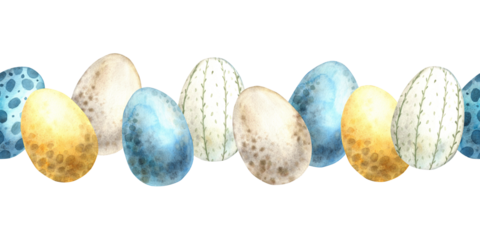 Watercolor seamless Easter line (frame) of colorful eggs. Hand drawn illustrations on isolated background for greeting cards, invitations, happy holidays, posters, graphic design, print, label.