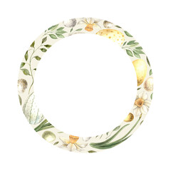 Watercolor Easter round frame made of Easter elements. The illustration is hand drawn on an isolated background. Drawing for greeting cards, invitations, posters, book illustrations, fabric, design.