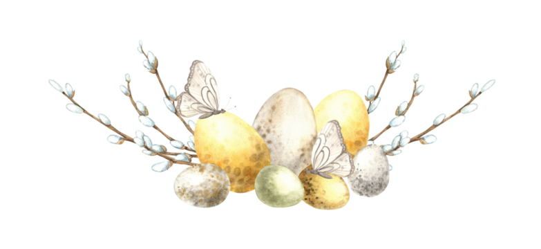Watercolor Easter composition with willow, eggs and butterfly. Easter holiday illustration hand drawn. Sketch on isolated background for greeting cards, invitations, happy holidays, posters.