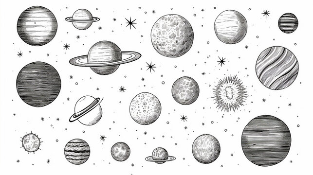 set of space objects planets stars hand drawn on white background
