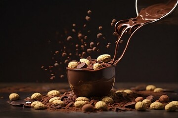 Chocolate pouring onto realistic nuts in ambient beauty. Dark chocolate with nuts in a dark background. 